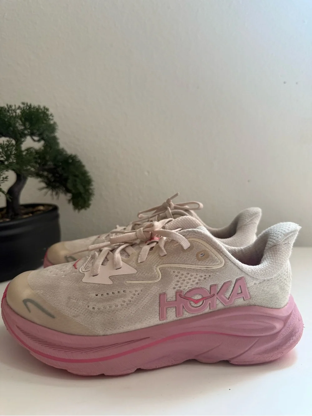 Hoka clifton 10 Women size 5 or big girl 4 Pink and Cream Athletic Sneakers